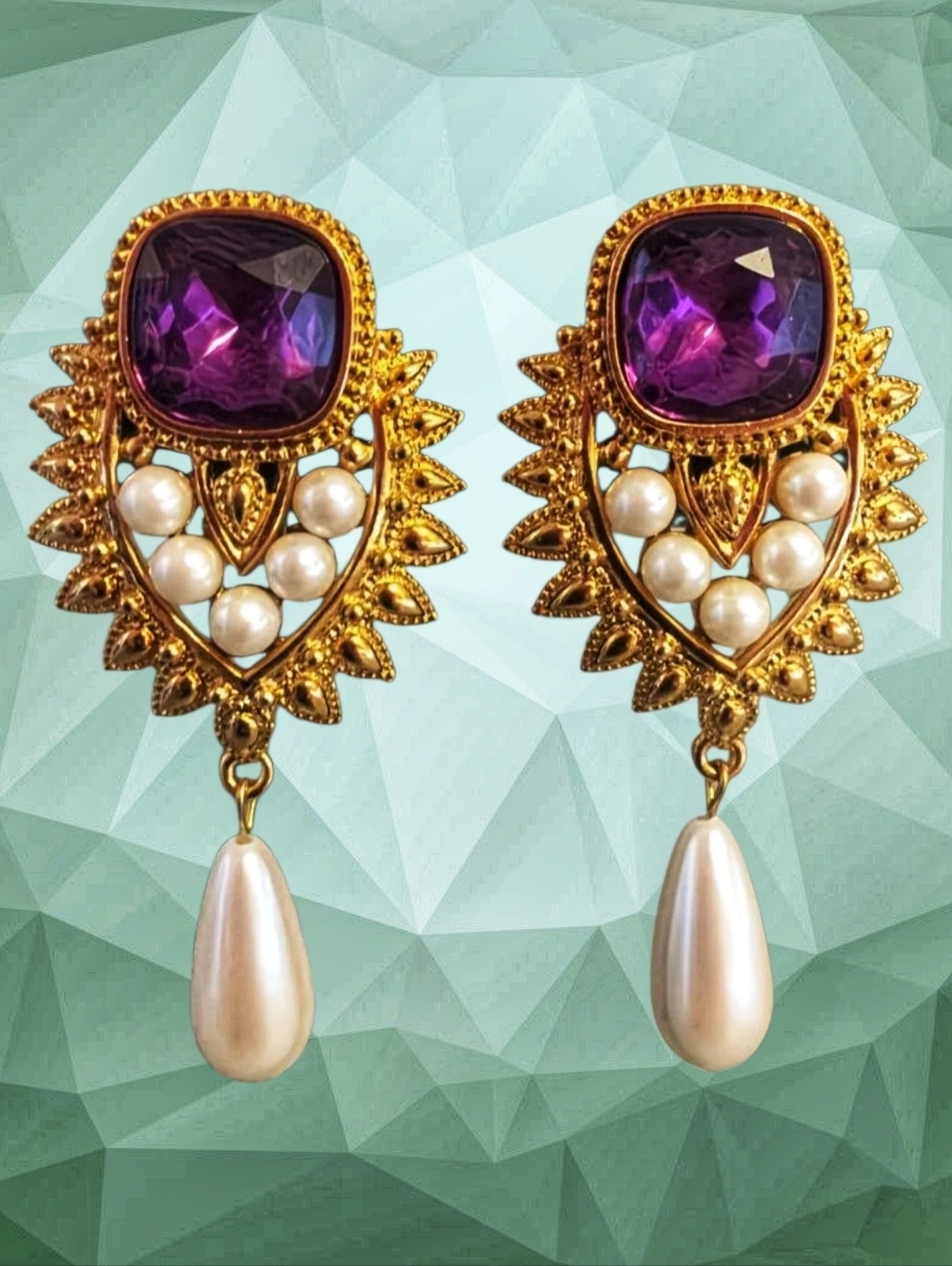 Gold-Tone Purple Amethyst & Fuax Pearl Stud Earrings - Designer Style